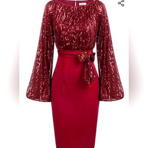 Red Glimmer Dress with Waist Tie Wrap